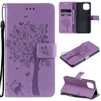 For Xiaomi Mi 11 Lite 5G Tree & Cat Pattern Pressed Printing Horizontal Flip PU Leather Case with Holder & Card Slots & Wallet & Lanyard(Light Purple)