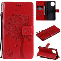 For Xiaomi Mi 11 Lite 5G Tree & Cat Pattern Pressed Printing Horizontal Flip PU Leather Case with Holder & Card Slots & Wallet & Lanyard(Red)