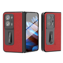 For OPPO Find N2 Integrated Cross Texture Genuine Leather Phone Case with Holder(Red)