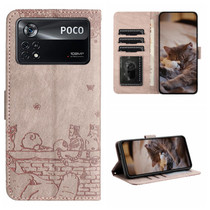 For Xiaomi Poco X4 Pro 5G Cat Embossing Pattern Leather Phone Case with Lanyard(Grey)