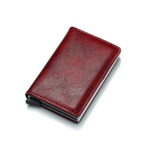 Automatic Elastic Card Type Anti-magnetic RFID Anti-theft Retro Card Package Universal Leather Metal Wallet(Red)