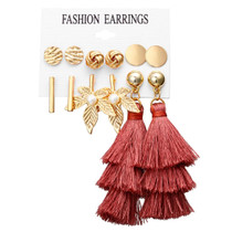 Women Long Tassel Stud Earrings Set Bohemian Flower Heart Earring(A03-01-01)