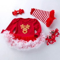 Baby Christmas Clothes Long Sleeve Cartoon Romper Net Yarn Tutu Four-piece Childrens Wear (Color:Christmas Elk Size:66)