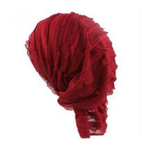 Muslim Stacking Cap Chiffon Fold Turban Cap Chemotherapy Cap (Wine Red)