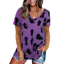 Leopard Texture Print Loose Short Sleeve T-Shirt for Ladies (Color:Purple Size:M)