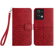 For OPPO Reno8 Rhombic Texture Leather Phone Case with Lanyard(Red)