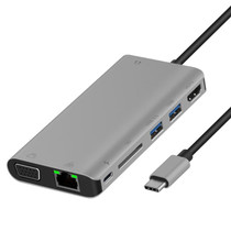 Onten 9591BD 8 in 1 USB-C / Type-C to PD USB-C / Type-C Charging + Gigabit Ethernet + Dual USB 3.0 + HDMI + VGA + SD Card Slot + 3.5mm AUX HUB(Grey)