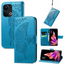 For OPPO Reno9 Pro+ Butterfly Love Flower Embossed Leather Phone Case(Blue)