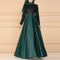 Lace Stitching Retro Large Swing Dress Ethnic Style Long-Sleeved Slim Dress, Size:S(Dark Green)
