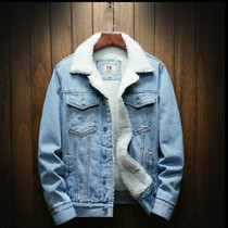 Men Winter Wool Liner Jean Jackets Outerwear Warm Denim Coats, Size:XXXL(Sky Blue)