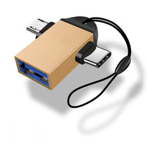 10 PCS LI-09 USB 3.0 Female to USB-C / Type-C + Micro USB Male Multi-Function OTG Adapter with Lanyard(Gold)