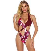 Printed Stitching Halterneck Halter High-fork One-piece Swimsuit for Ladies, with Chest Pad (Color:Dark Red Size:S)