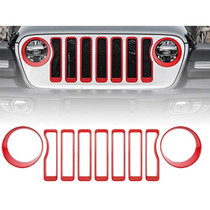Car Mesh Grille Grill Insert + Headlight Turn Light Cover Trim for Jeep Wrangler JL 2018-2019(Red)