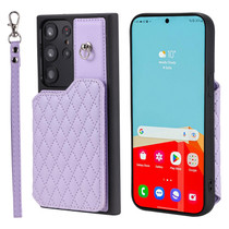 For Samsung Galaxy S23 Ultra 5G Grid Texture Card Bag Phone Case with Lanyard(Purple)