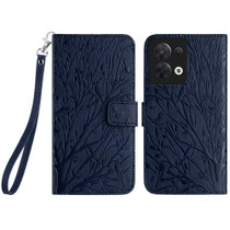 For OPPO Reno8 Tree Birds Embossed Pattern Leather Phone Case(Blue)