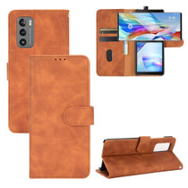 For LG Wing 5G Solid Color Skin Feel Magnetic Buckle Horizontal Flip Calf Texture PU Leather Case with Holder & Card Slots & Wallet(Brown)