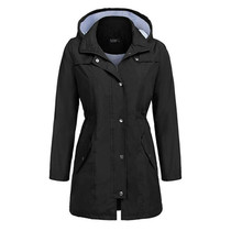 Casual  Women Waterproof Waist Hooded Long Coat, Size:XXL (Black)