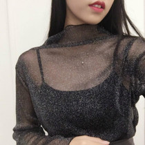 Sexy Mesh High Collar Long Sleeve Bottoming Blouse, Size:  One Size( Silver Wire)