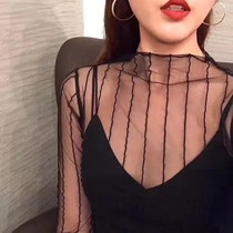 Sexy Mesh High Collar Long Sleeve Bottoming Blouse, Size:  One Size( Vertical Bar)