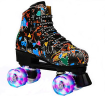 Adult Children Graffiti Roller Skates Shoes Double Row Four-Wheel Roller Skates Shoes, Size: 39(Flash Wheel Black)