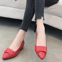 Spring And Summer Cowhide Shoes With Thick Heel Mid-Heel For Women, Size: 35(Red)