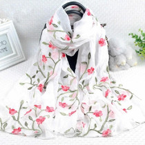 Autumn and Winter National Style Wild Peach Blossom Embroidery Pattern Long Lace Scarf Silk Scarf, Size:172 x 70cm(White)