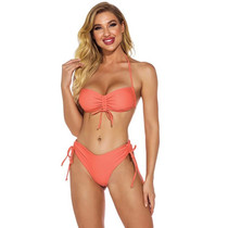 2 in 1 Ladies Halter Backless Drawstring Bikini Solid Color Split Swimsuit Set with Chest Pad (Color:Orange Size:S)