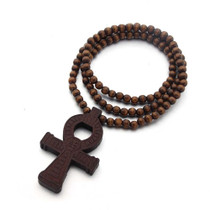 Wood Beads Cross Pendant Necklace Hip Hop Jewelry, Color: Brown