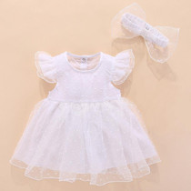 Girls Short-sleeved Mesh Dress With Bow (Color:White Size:60)