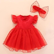 Girls Short-sleeved Mesh Dress With Bow (Color:Red Size:60)