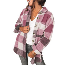 Lapel Long Sleeve Flannel Check Shirt Loose Casual Cardigan Jacket for Ladies (Color:Purple Red Size:S)