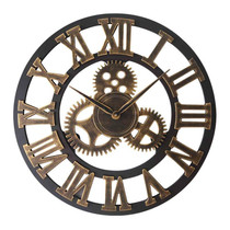 Retro Wooden Round Single-sided Gear Clock Rome Number Wall Clock, Diameter: 35cm(Gold)