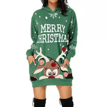 Women Christmas Elk Print Long Sleeve Sweatshirt Dress (Color:Green Size:XXL)