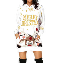 Women Christmas Elk Print Long Sleeve Sweatshirt Dress (Color:White Size:L)