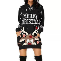 Women Christmas Elk Print Long Sleeve Sweatshirt Dress (Color:Black Size:XXXL)