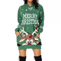 Women Christmas Elk Print Long Sleeve Sweatshirt Dress (Color:Green Size:XL)