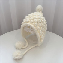 Hand-Woven Children Knitted Ear Protection Hat Autumn and Winter Thickened Baby Pineapple Grain Woolen Hat, Size: 48-53cm Head Circumference(White)