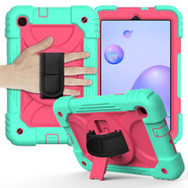 For Samsung Galaxy Tab A 8.4 (2020) Shockproof  PC + Silicone Combination Case with Holder & Hand Strap & Shoulder strap(Mint Green + Rose Red)