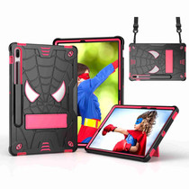 For Samsung Galaxy Tab S7 FE / S7+ / S8+ Spider Texture Silicone Hybrid PC Tablet Case with Shoulder Strap(Black + Rose Red)
