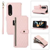 For Samsung Galaxy Z Fold4 Crossbody Diamond Lattice Folding Leather Phone Case(Pink)