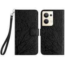 For OPPO Reno9 Pro+ Tree Birds Embossed Pattern Leather Phone Case(Black)
