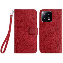 For Xiaomi 13 Tree Birds Embossed Pattern Leather Phone Case(Red)