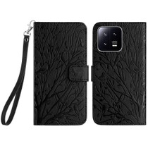 For Xiaomi 13 Pro Tree Birds Embossed Pattern Leather Phone Case(Black)