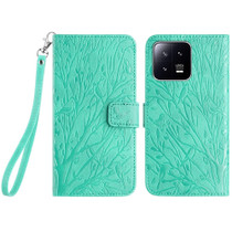 For Xiaomi 13 Tree Birds Embossed Pattern Leather Phone Case(Green)