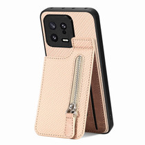 For Xiaomi 13 Carbon Fiber Vertical Flip Zipper Phone Case(Khaki)