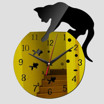 3D Acrylic Cat Mirror Wall Clock DIY Fashion Home Decoration(Black Gold)