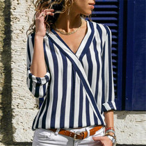 Women Striped Shirt Long Sleeve V-neck Shirts Casual Tops Blouse, Size:XXL(Navy Blue)