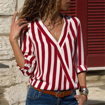 Women Striped Shirt Long Sleeve V-neck Shirts Casual Tops Blouse, Size:L(Red)