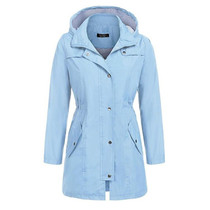 Casual  Women Waterproof Waist Hooded Long Coat, Size:XXL (Sky Blue)