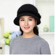 Autumn and Winter Elderly People Knitted Rabbit Fur Warm Hat Bucket Cap(Black)